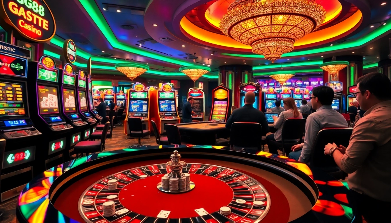 Experience the excitement of GG88 gameplay at a luxurious casino, featuring vibrant slot machines and engaging roulette action.