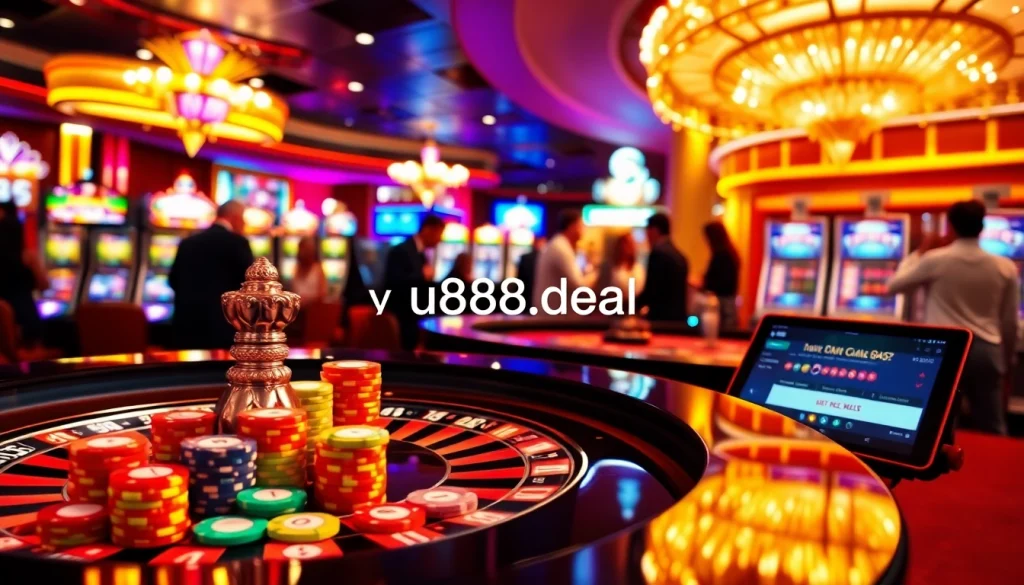Experience thrilling action at https://u888.deal/ featuring vibrant casino games and players at a roulette table.