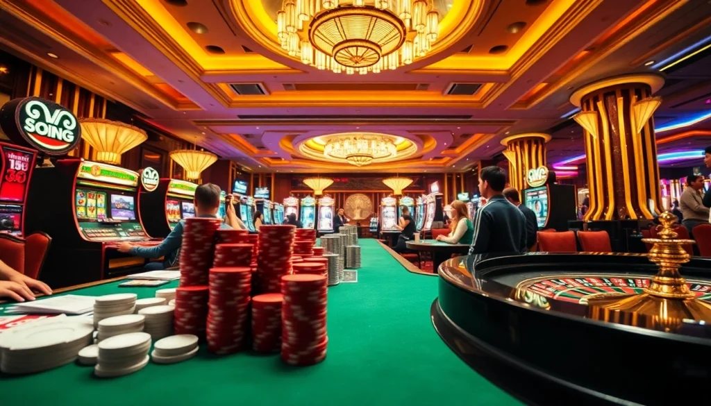 Players celebrating wins at the cổng game Go88's exciting poker tables in a vibrant casino setting.