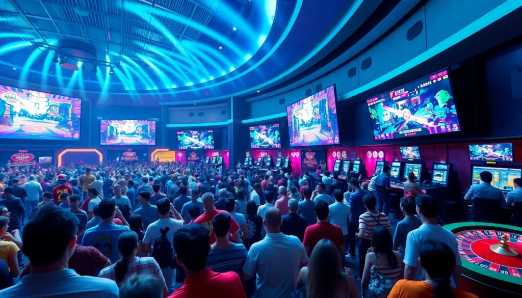 Action-packed scene of esports betting in Singapore with vibrant crowds, casinos, and betting kiosks.