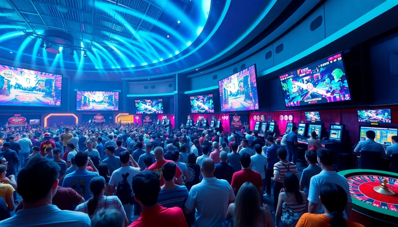 Action-packed scene of esports betting in Singapore with vibrant crowds, casinos, and betting kiosks.