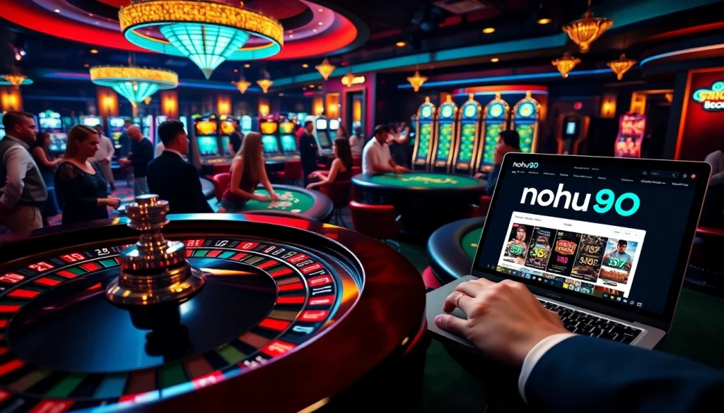 Experience Nohu90's vibrant casino ambiance with players excitedly betting at roulette and poker tables.
